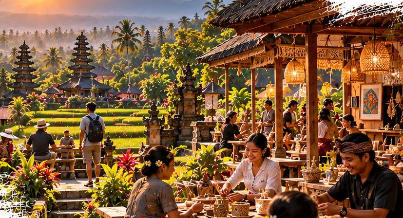 Artisans and guests working together at a table beside a Balinese pavilion at sunset