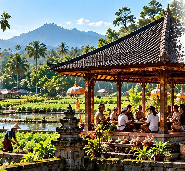 A Balinese pavilion by a rice-field pond where guests share a meal
