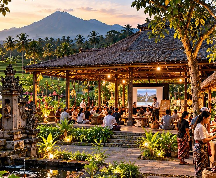 An evening gathering in an open Balinese hall lit by lanterns