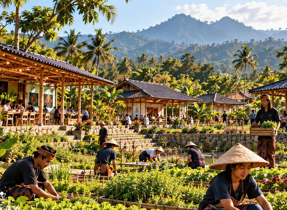 Farmers tending a vegetable garden below a bamboo hall