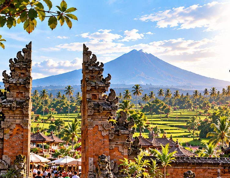 Carved split gates framing Mount Agung and rice terraces in Gianyar