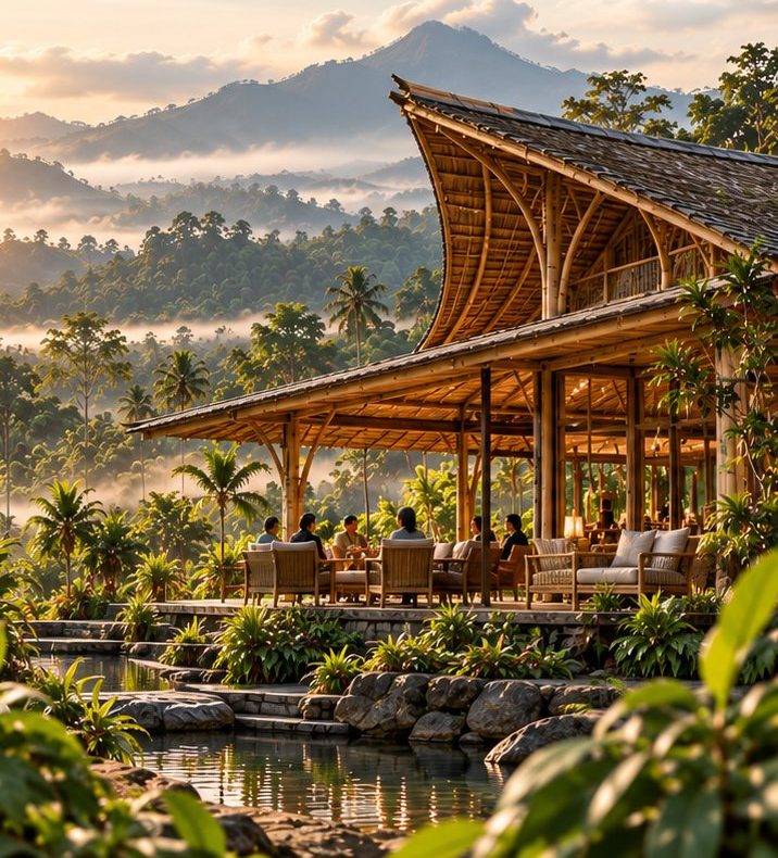 A curved bamboo pavilion above a pond in morning mist