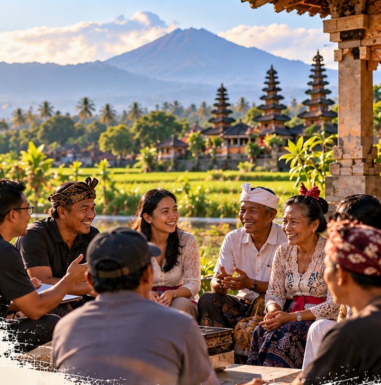 Locals and visitors talking together in front of Balinese shrines and rice fields
